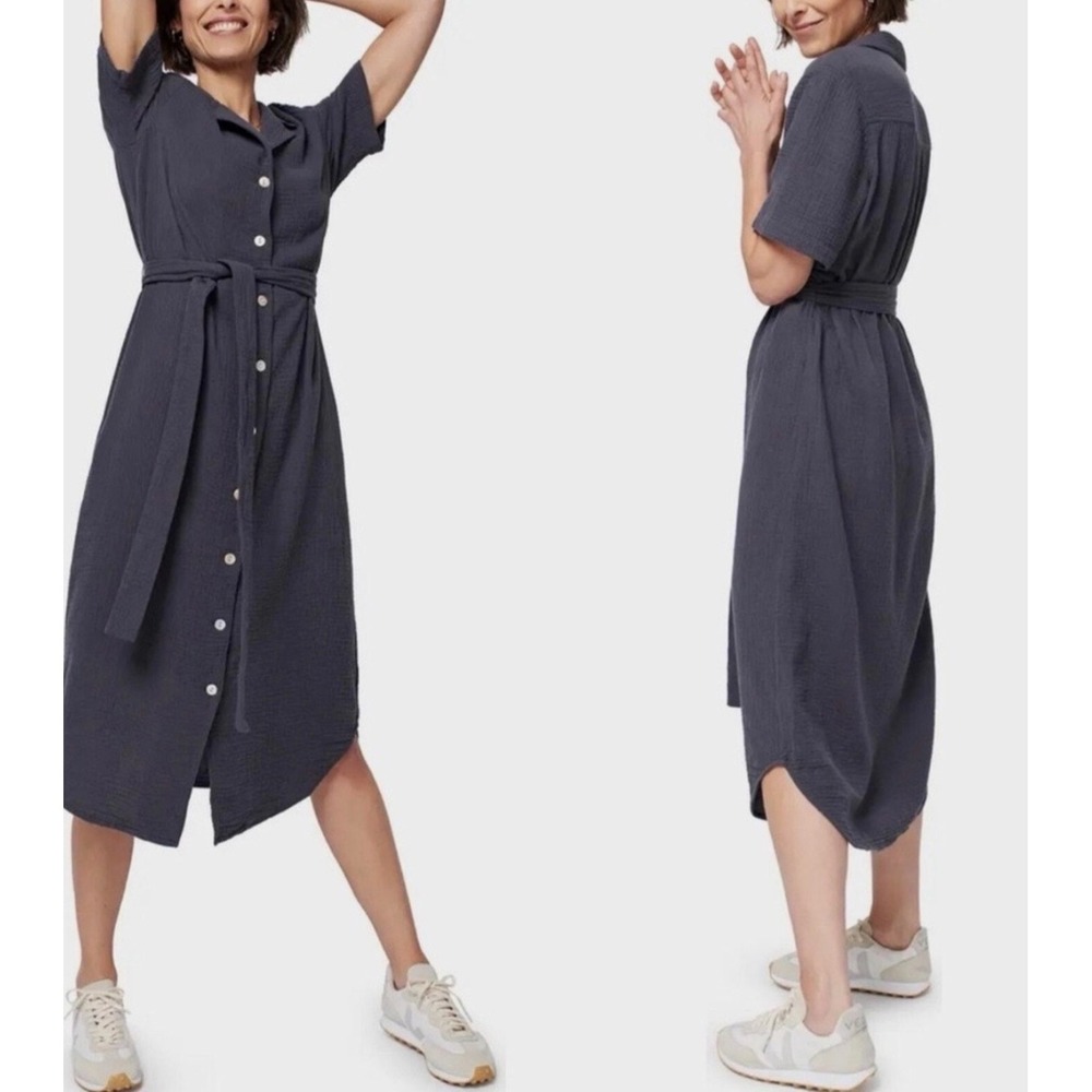 Faherty Nolita Dream Organic Cotton Gauze Shirtdress Grey Short Sleeve Midi Sz S - Picture 3 of 6